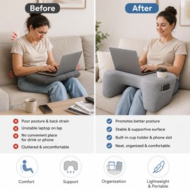Gaming Lap Pillow for Sofa Comfort – Memory Foam Armrest Desk with Cup Holder, Phone Stand & Storage Pockets