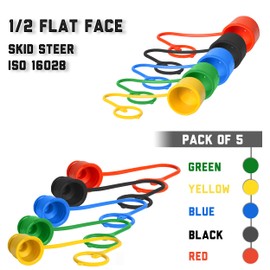(5 Set) 1/2 Skid Steer attachments Flat Face Tractor Hydraulic Coupler Male Dust Cap and Female Plug Cover,ISO 16028 Hydraulic Quick Disconnects Port Plug Fittings(Red,Black,Blue,Yellow,Green)