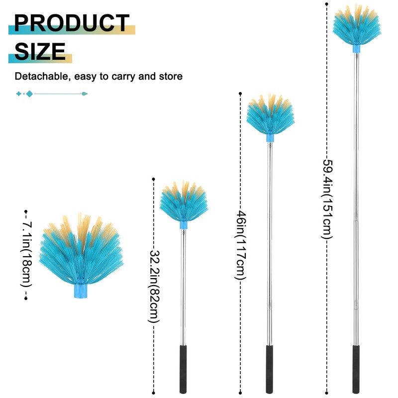 Cobweb Duster with Extension Pole，Medium Stiff Bristles Cobweb Duster Head