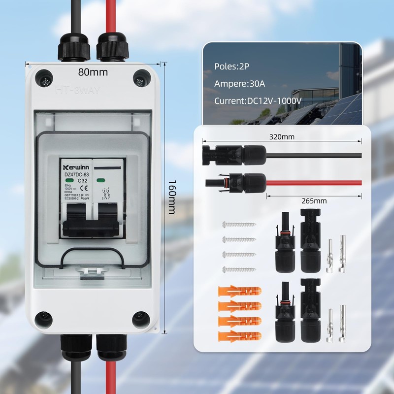 kerwinn Solar Panel Disconnect Switch,30A 1000V Miniature Circuit Breaker Box