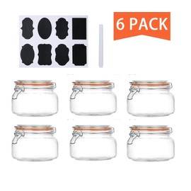 Encheng 16 oz Glass Jars With Airtight Lids And Leak Proof Rubber Gasket,Wide Mouth Mason Jars With Hinged Lids For Kitchen,Glass Storage Containers 6 Pack