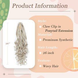 Ponytail Extension, 26 Inch Long Pony tails Hair Extensions for Women Wavy Curly Claw Clip Ponytail Fluffy Natural Fake Pony tail Hair Pieces for Women (Platinum Blonde, 26 Inch)