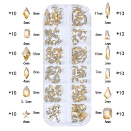 CharmeFleur Nail Rhinestones - 3D Multiple Shapes and Sizes Crystal, Champagne Gold Nail Gems, golden rhinestones for nails, flat-back, with set, for nail art, DIY embellishment