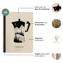 Matabooks, Sustainable and Vegan Notebooks A6 Made of Grass Paper, Stiff Dahara Brochure, 102 Blank Pages, Natural, Handmade, Made in Germany (Coffee)