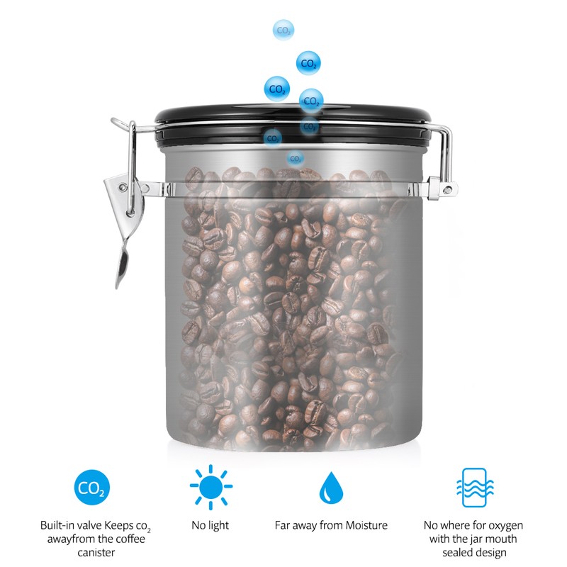 1.5L 304 Stainless Steel Airtight Coffee Beans Container Storage Canister