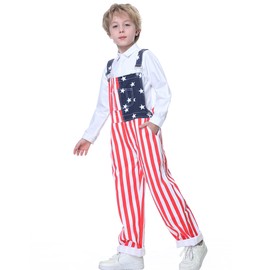 Yuanbang 3-14years American Flag Denim Bibs Overalls Adjustable Straps Kids Coveralls Red White Striped Patriotic Jumpsuit(Flag,8Year)
