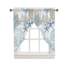 Swag Curtain Valances Nautical Coastal Ocean Coral Short Swag Topper for Small Windows Beach Themed Blue Teal Window Curtain Tiers for Kitchen Bedroom Living Room 56" W x 36" L