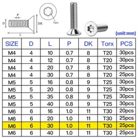 Mbsomnus Pack of 25 Countersunk Screws M6 x 30 mm Torx Screws M6 Stainless Steel A2 V2A with Torx Drive / Hexalobular Flat Head Screws Machine Screws Standard for Wood Home Furniture Metalwork