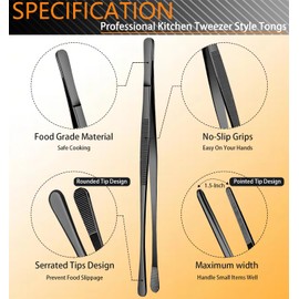 JETKONG 6 Pcs Cooking Tweezer Tongs, 12'' and 6.3" Stainless Steel Kitchen Tweezer Set, Professional Chef Tweezers for Cooking, Repairing, Sea Food, BBQ, Multi-use (Black)