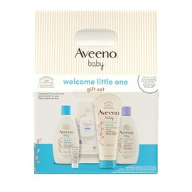Aveeno Baby Welcome Little One - Set de regalo para el cuidado de la piel con gel corporal nutritivo y champú, lavado de baño relajante, toallitas completas, loción hidratante diaria y bálsamo, 5