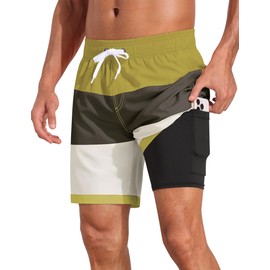 Nonwe Men's Swim Trunks 2 in 1 Bathing Suit Quick Dry Compression Lined Athletic Swimwear Green&Black 34