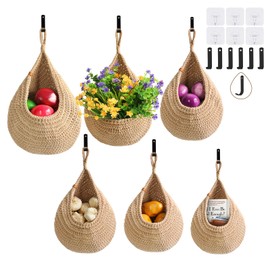 Hanging Fruit Baskets for Kitchen - 6 Pack Boho Wall Hanging Basket,Handwoven Wall Fruits Basket,for Garlic Potato Vegetable Onion Teardrop Home Hanging Storage Baskets(Brown Classic)