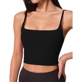 AugIris Womens Scoop Neck Longline Sports Bra U Back Adjustable Strap Double Lined Workout Crop Tank Top with Built in Pads Black