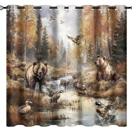 Cabin Fall Forest Bear Blackout Curtains Thermal Insulated Rustic Vintage Farmhouse Autumn Woodland Wildlife Pheasants Print Curtains Drapes for Room Darkening Grommet Window 2 Panels 45"L x 21"W