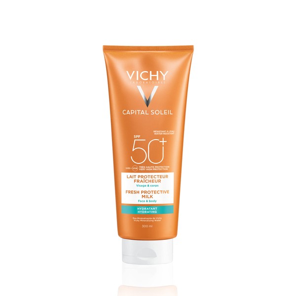 Vichy Capital Soleil Protector solar FPS 50+ para cuerpo y rostro en crema hidratante, resistente al agua, apta para piel sensible.