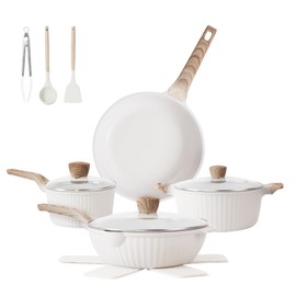 Cuisinluv Pots and Pans Set Non Stick, 13Pcs Kitchen Cookware Sets, Granite Stone Induction Cookware Non Stick Cooking Set w/Frying Pans, Saucepans, Sauté Pan (PFOA Free), White