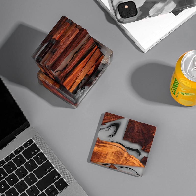 Avocrafts Walnut Coasters Set, Epoxy Coasters, Modern Coasters with Holder,