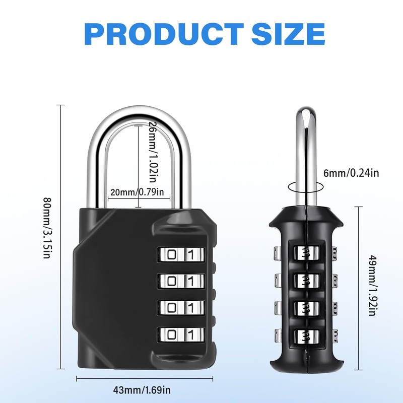 4Pcs Combination Padlock, Heavy Duty Metal Padlock for Gym Locker,