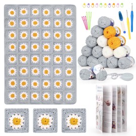 Reessy Crochet Kits for Beginners Adults, Granny Crochet Blanket Kit with Instruction Book Crochet Hooks, Yarn Balls for Adults Learn How to Crochet Daisy Granny Squares Blanket