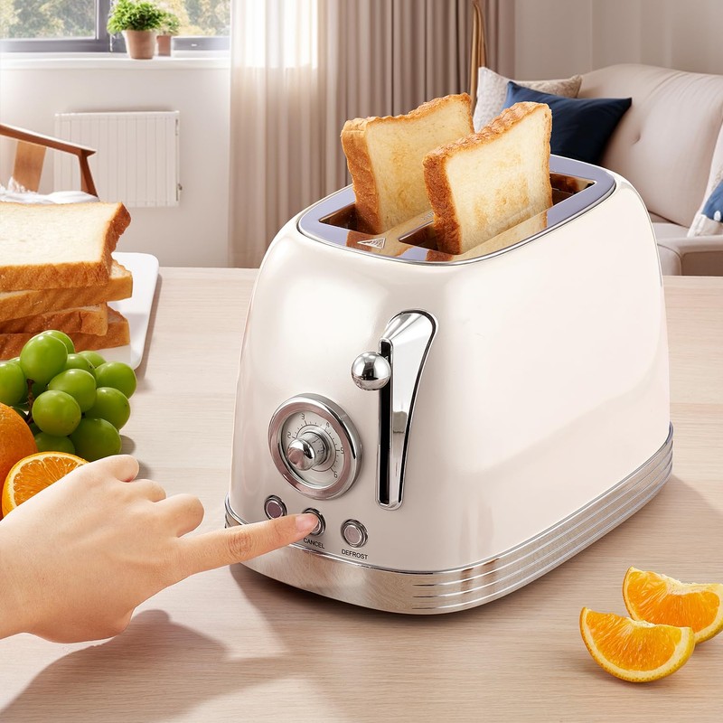 Wiltal Beige Cute Retro Toaster 2 Slice with 1.58" Wide