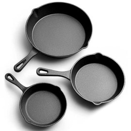 Jim Beam HEA Set of 3 Pre Seasoned Cast Iron Skillets with Even Distribution and Heat Retention-6" 8" 10", 10'', Black,JB0195