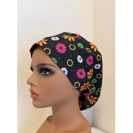 Handmade Black Floral Scrub Hat Nurse Dentist Vet  Food Service - Bonnet Euro Bouffant