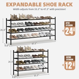 STORAGE MANIAC Long Expandable Shoe Rack, 24 Pairs Metal Wide Stackable Shoe Rack, Adjustable Shoes Shelf, Freestanding Shoes Organizer for Closet, Entryway, Hallway, Garage, Front Door, 4 Tiers