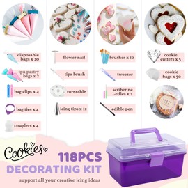 LUSHYUM Cookie Decorating Kit 118pcs with Storage Case, Royal Sugar Piping Bags and Tips Icing Supplies Set, Turntable Scribe Decoration Tools for Kids & Cookie Holiday Christmas Valentine