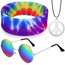 Frienda 3 Pcs Hippie Accessories Costume,70s Hippie Rainbow Leopard Outfit,Hippie Headbands for Men Peace Sign Necklace Sunglasses(Stylish Rainbow Style)