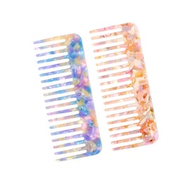 OUYIYE 2 Pack Acetate Wide Tooth Combs for Women, Tortoise Shell Detangling Without Handle, Lightweight Styling Combs for Thick Curly Wet or Dry Hair, Travel-Friendly French Design (Blue & Pink)