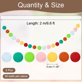 uxcell 3pcs Pom Pom Garland 6.6 ft 30 Balls Colorful Felt Ball Garland for Wall Christmas Tree Decor Birthday Banner Easter Party Decorations, Rainbow Colours