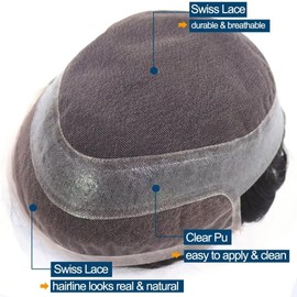 HAPPY&CC Toupee for Men Real Human Mens Hair Replacement System Breathable Thin Skin Swiss Lace Medium Light Density Hair Units Piece for Men 8x10inch #1B Off Black