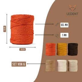 LEDENT Macrame Yarn (1 mm, 6 x 65 m, Set of 6 Colours) - Double Twisted Rope for Macrame Made of 100% Recycled Cotton - Set of 6 Small Rolls in Pastel Colours