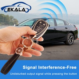 EKALA for Chevy Key Fob Cover with Leather Key Fob Keychain, 5 Buttons Soft TPU Key Shells Fit for Chevy Malibu Cruze Camaro Traverse Sonic Volt Bolt Equinox Key Fob Protector(Ch-v) (Black)