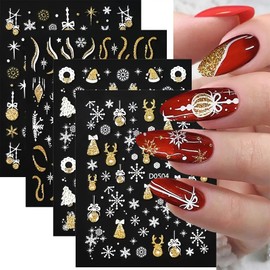 9Sheets Christmas Nail Decals - Snowflake & Elk Bells Designs - Glitter Gold Adhesive Sliders for Nail Art Decoration