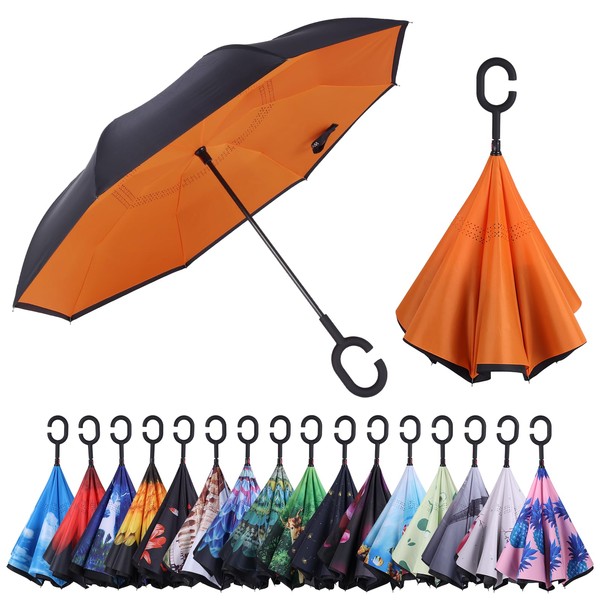 Wxjiahetai Inverted Reverse Umbrella with C-shaped Handle Windproof Upside Down