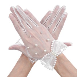 CIATBYYJ Short Bridal Gloves, White with Pearls, Satin Gloves, Tea Party Tulle Lace Gloves, Women's Party, Wedding, Tea Party, Prom, Clothing Accessories