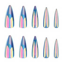 MISUD Press on Nails - Long Stiletto Glue on Nails with Blue Cat Eye, Acrylic Chrome Design 24 pcs