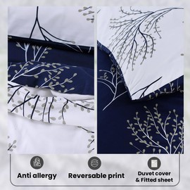 Indus Textiles 3 Piece Bedding Set Soft Brushed Microfiber Single Duvet Cover Sets -Duvet Cover, Pillowcases and Fitted Sheet Hotel Quality Duvet Set (Single-Navy Blue Branches)