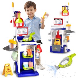 Pupu Pig Toddler Cleaning Cart Set, Kids Cleaning Toy Set Incl.Mini Vacuum Cleaner, Broom and Dustpan Set, Toy Cleaning Supplies, Housekeeping Pretend Play Toys for Girls Boys Gifts, Blue