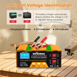 Car Battery Charger, Outerman Smart 12V 24V Auto Lead-Acid Battery Charger with LCD Display and Pulse Repair for Motorcycles, Cars, Trucks, Lawnmowers (Orange)
