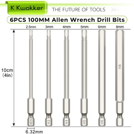 6pcs Hex Head Allen Key Drill Bit Set, 100mm Allen Key for Drill, 1/4” Hex-Shank S2 Steel Hex Bits Set H2.5-H8 Hex Allen Key Bit Set