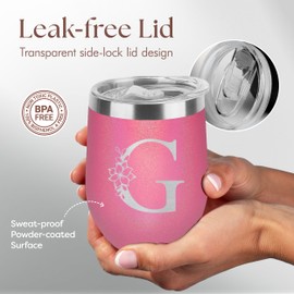 shop4ever Floral Monogram Letter Initial G Engraved Insulated Stainless Steel Wine Tumbler with Lid 12 oz. Monogrammed Gift (Pink Sparkle)