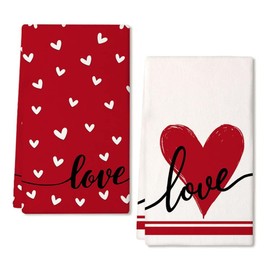 ARKENY Valentines Day Kitchen Towels Red Heart Dish Towels 18x26 Inch Ultra Absorbent Wedding Drying Cloth Love Sign Hand Towel for Valentine Decorations Set of 2