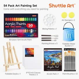 Shuttle Art 54/66 Pack Acrylic Paint Set, Acrylic Painting Set with 30 Colors Acrylic Paint, Wooden Easel, Painting Canvas, Paint Brushes, Palette, Art Painting Supplies for Beginner Artists - Color: 54 Pack (Med)
