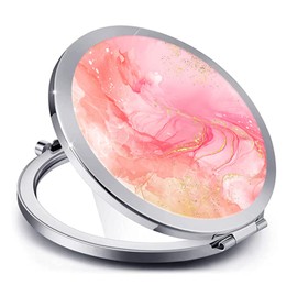 LONNAONE Compact Mirror for Women,Round Mini Pocket Travel Makeup Mirror,Pretty Portable Folding Small Pocket Mirror for Handbag,Purse,Double Sided Handheld Mirror (Silver Fancy Pink Marble)