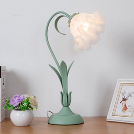 Cbhfmljd Modern Flower LED Table Lamp Green, Desk Reading Lamp Glass & Iron Dimmable Desk Light with Lily Lampshade, Style Led Desk Light Dimmable Bedside Lamp Lily Shape W/Remote Control