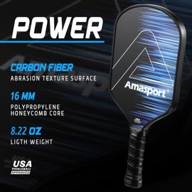 AMA SPORT Proton Carbon Fiber Pickleball Paddle USAPA Approved Abrasion Surface Pickleball Racket 16mm Honeycomb Core with Elongated Ridge Handle (Blue)