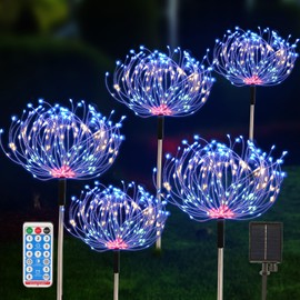 5 Pack Outdoor Solar Garden Lights, Solar Firework Lights 600 LED Waterproof Lamps Decorative, Fireworks Lamp 8 Modes Landscape Lights with Remote for Pathway Backyard Walkway Patio Christmas Party