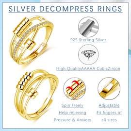 Hasnsofie Silver 925 Anxiety Rings, 2 Pieces 925 Sterling Silver Anti-Stress Ring Set, Open Adjustable Anxiety Ring, Unisex Spinner Fidget Partner Rings, Decompression Ring with Beads for Anxiety